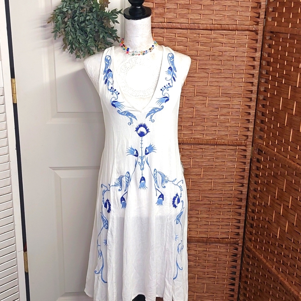 NWT Free People Embroidered Boho Festival Dress Dress Medium Blue & White